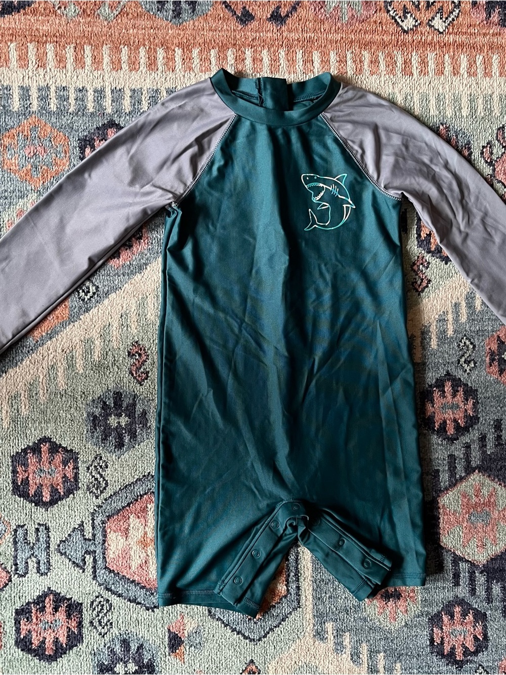 4T Long Sleeve Shark One-Piece Rash Guard Swimsuit - Teal & Gray